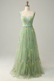 Elegant A-Line Square Neck Green Long Prom Dress with Embroidery