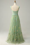 Elegant A-Line Square Neck Green Long Prom Dress with Embroidery