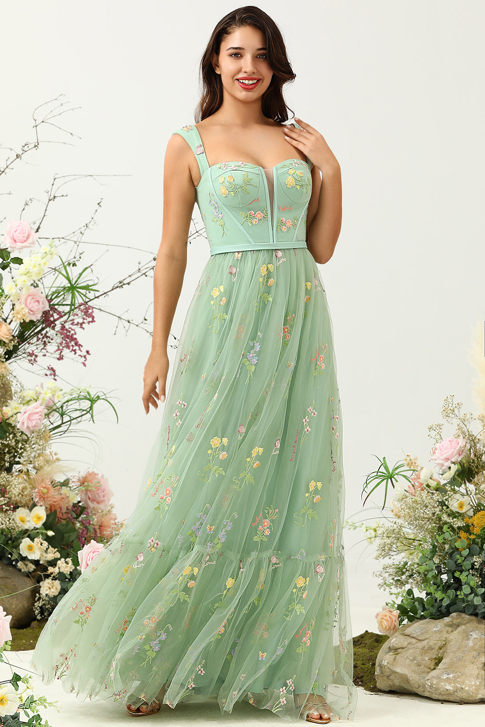 Gorgeous A-Line Square Neck Green Long Prom Dress with Embroidery