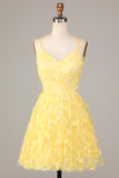 Keep Glowing A Line Spaghetti Straps Yellow Short Homecoming Dress with Appliques