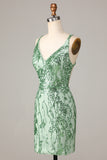 Making Magic Sheath V-Neck Green Sequins Short Homecoming Dress with Backless