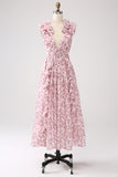 Pink Floral A-Line Deep V-Neck Pleated Backless Prom Dress