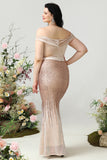 Mermaid Off the Shoulder Champagne Plus Size Prom Dress with Sequins