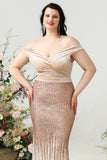 Mermaid Off the Shoulder Champagne Plus Size Prom Dress with Sequins