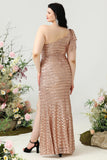 Mermaid One Shoulder Champagne Sequins Plus Size Prom Dress with Split Front