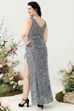 Sheath V Neck Silver Sequins Plus Size Prom Dress with Split Front