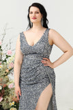 Sheath V Neck Silver Sequins Plus Size Prom Dress with Split Front
