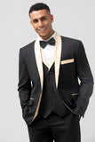 Black and Champagne Shawl Lapel  3 Piece Slim Fit Men's Prom Suits