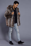 Brown Open Front Lapel Neck Long Faux Fur Men Coat