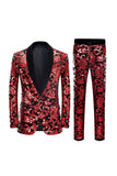 Red Sequins Floral Pattern Men's 2 Pieces Suits