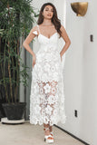 White Boho Flower Sheath Spaghetti Straps Long Party Dress with Lace