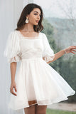 Cute Tulle Pleated White Graduation Dress with Lace-up Back