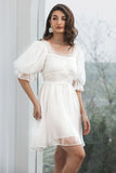 Cute Tulle Pleated White Graduation Dress with Lace-up Back