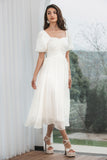 Elegant A Line Pleated White Graduation Dress with Puff Sleeves