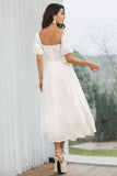 Elegant A Line Pleated White Graduation Dress with Puff Sleeves