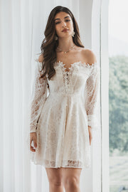 Elegant Off the Shoulder Lace White Graduation Dress with Long Sleeves