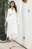 White Boho Long Sleeves Engagement Party Dress with Lace