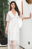 Simple White V Neck Boho Maxi Graduation Dress with Lace