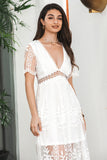 Simple White Maxi Batwing Sleeves Graduation Dress with Lace