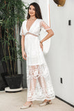 White Maxi Batwing Sleeves Formal Party Dress with Lace