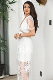 Simple White Maxi Batwing Sleeves Graduation Dress with Lace