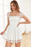 A Line Square Neck White Graduation Dress with Lace