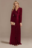 Glitter Navy V Neck Mother of the Bride Dress with Long Sleeves
