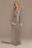 Glitter Navy V Neck Mother of the Bride Dress with Long Sleeves
