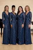 Sparkly Navy A-Line V-Neck Choir Dress with Sequins