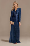 Glitter Navy V Neck Mother of the Bride Dress with Long Sleeves