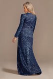 Glitter Navy V Neck Mother of the Bride Dress with Long Sleeves