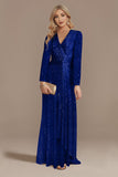 Glitter Navy V Neck Mother of the Bride Dress with Long Sleeves