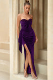 Sequins Strapless Velvet Holiday Party Dress with Slit