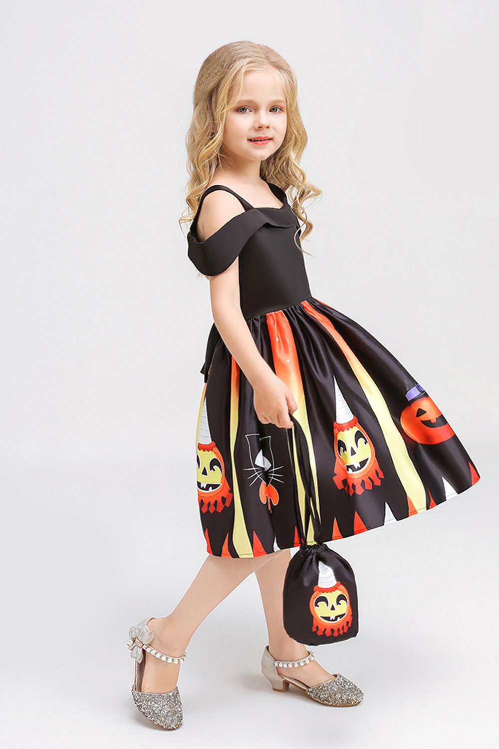 Black Cold Shoulder A Line Halloween Girl Dress