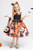 Orange Sleeveless Printed Halloween Girl Dress With Bowknot