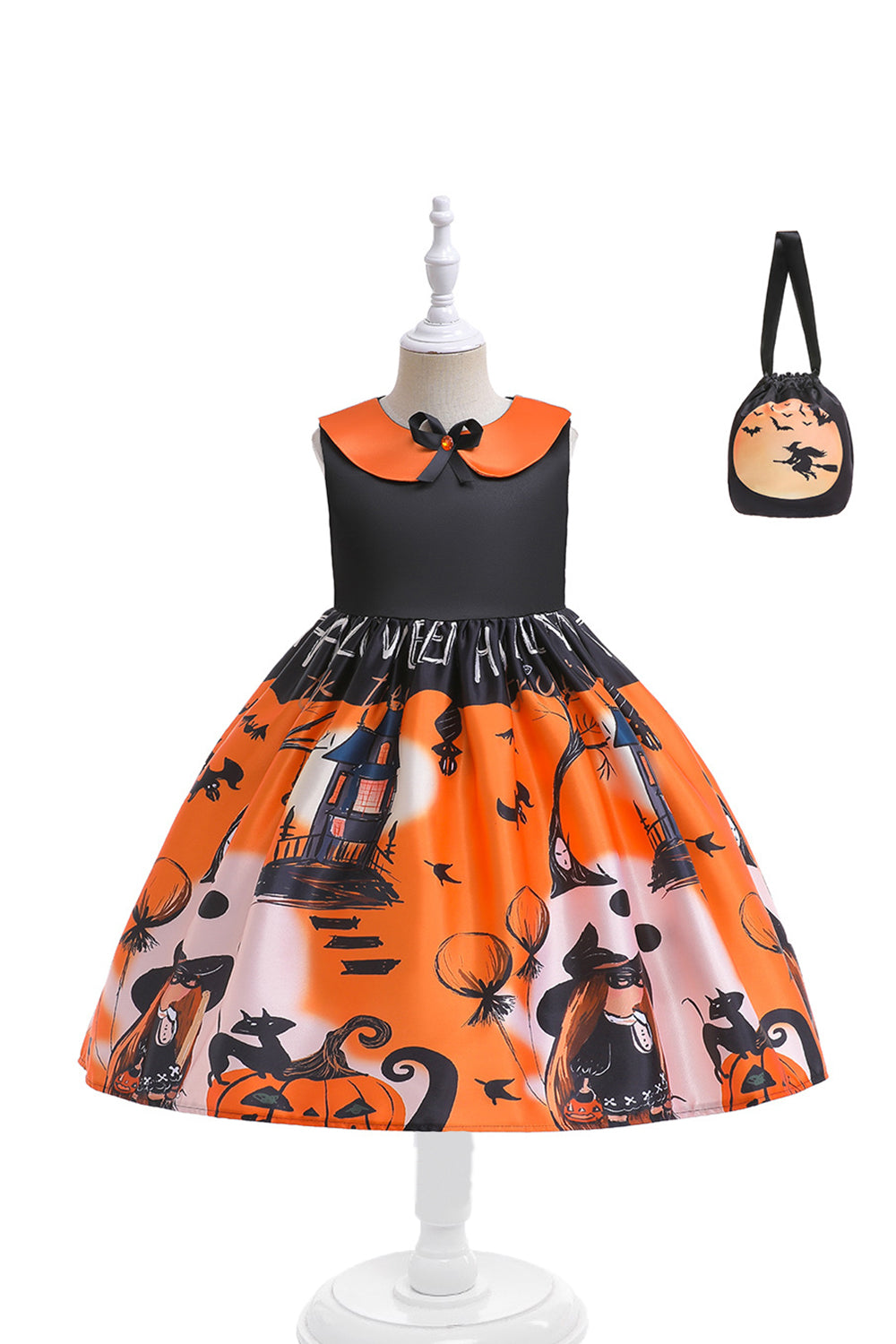 Orange Sleeveless Printed Halloween Girl Dress With Bowknot