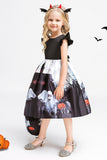 Black Cap Sleeves Round Neck A Line Halloween Girl Dress With Bow