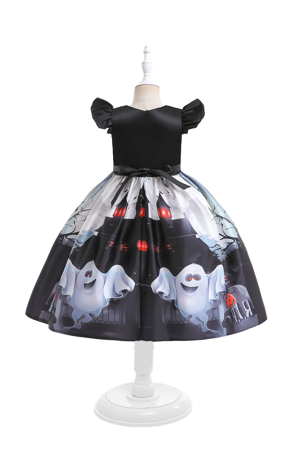 Black Cap Sleeves Round Neck A Line Halloween Girl Dress With Bow