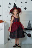 Burgundy Straps Printed Halloween Girl Dress With Bow