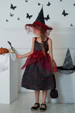 Burgundy Straps Printed Halloween Girl Dress With Bow