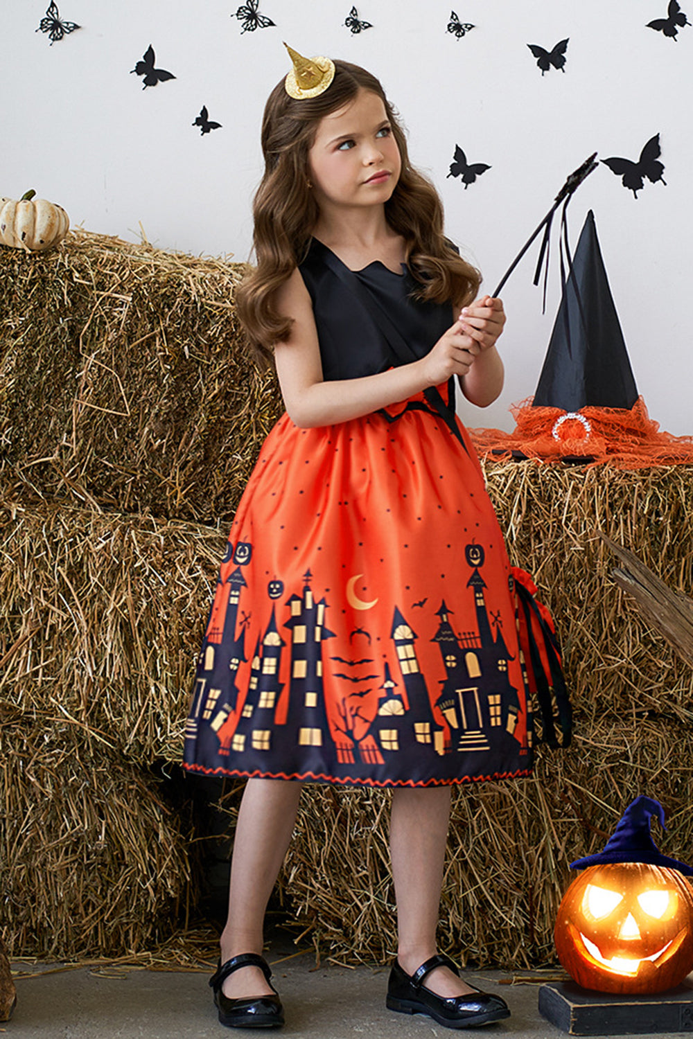 Orange Printed A Line Sleeveless Halloween Girl Dress With Bow