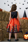 Orange Printed A Line Sleeveless Halloween Girl Dress With Bow