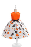 Orange Printed Round Neck Halloween Girl Dress With Bow