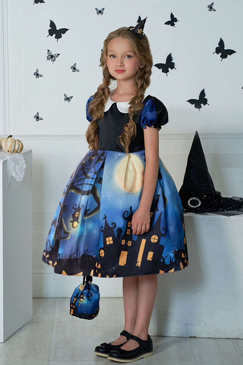 Blue Puff Sleeves Printed Halloween Girl Dress