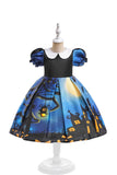 Blue Puff Sleeves Printed Halloween Girl Dress