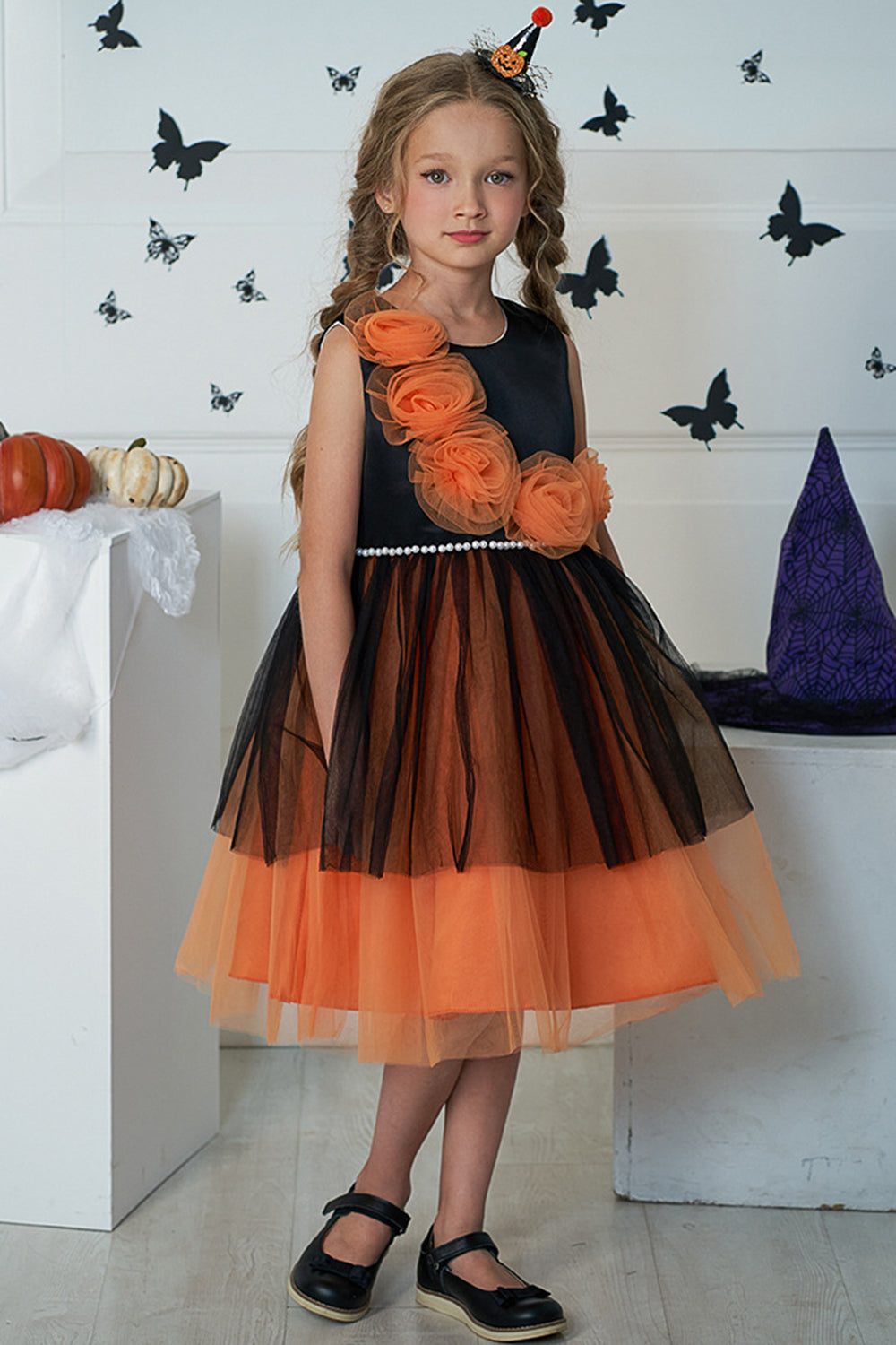 Orange Round Neck Flower Tulle Halloween Girl Dress