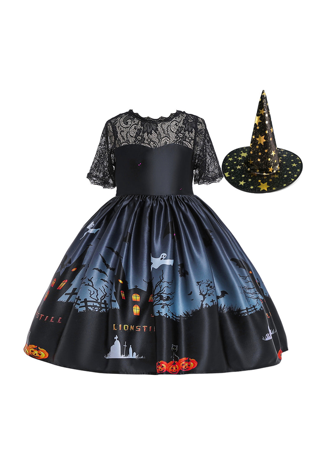 Black Short Sleeves Lace Printed Halloween Girl Dress With Bow