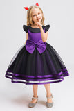 Purple Cap Sleeves A Line Tulle Halloween Girl Dress With Bow