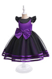 Purple Cap Sleeves A Line Tulle Halloween Girl Dress With Bow
