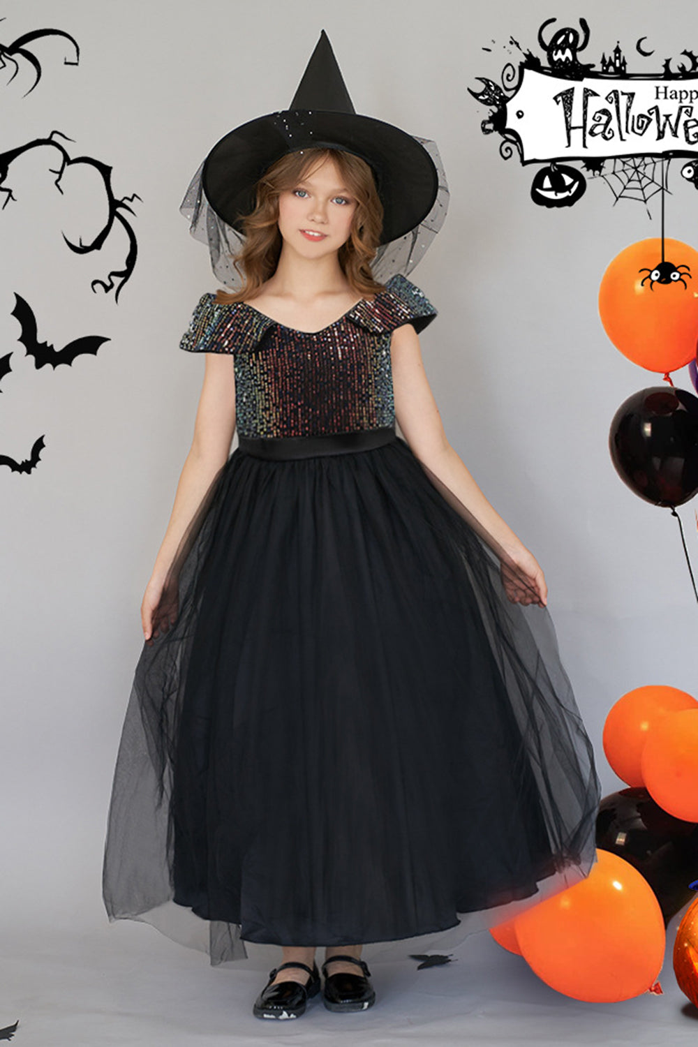 Black Cold Shoulder Sequin Tulle Long Halloween Girl Dress